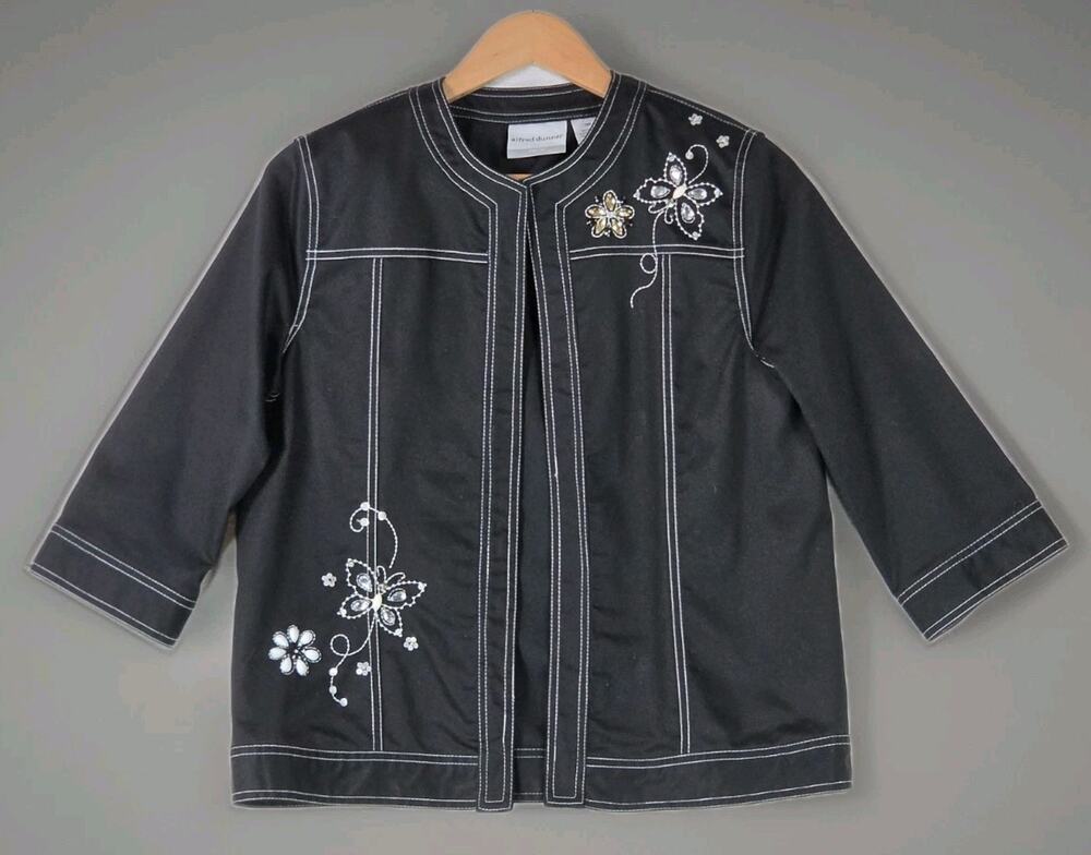 Alfred Dunner Women’s Petite 10P Open Blazer Jacket Black Jeweled Embroidered